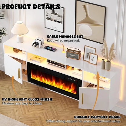 Floating Fireplace TV Stand 70'' ,  with LED Lights and Remote