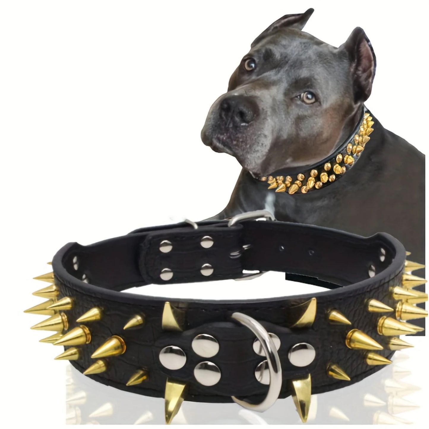 Cool Golden Sharp Spikes Studded Pet Dog Collar Fashion Leather Dog Collar For Medium And Large Dogs