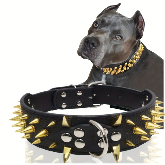Cool Golden Sharp Spikes Studded Pet Dog Collar Fashion Leather Dog Collar For Medium And Large Dogs