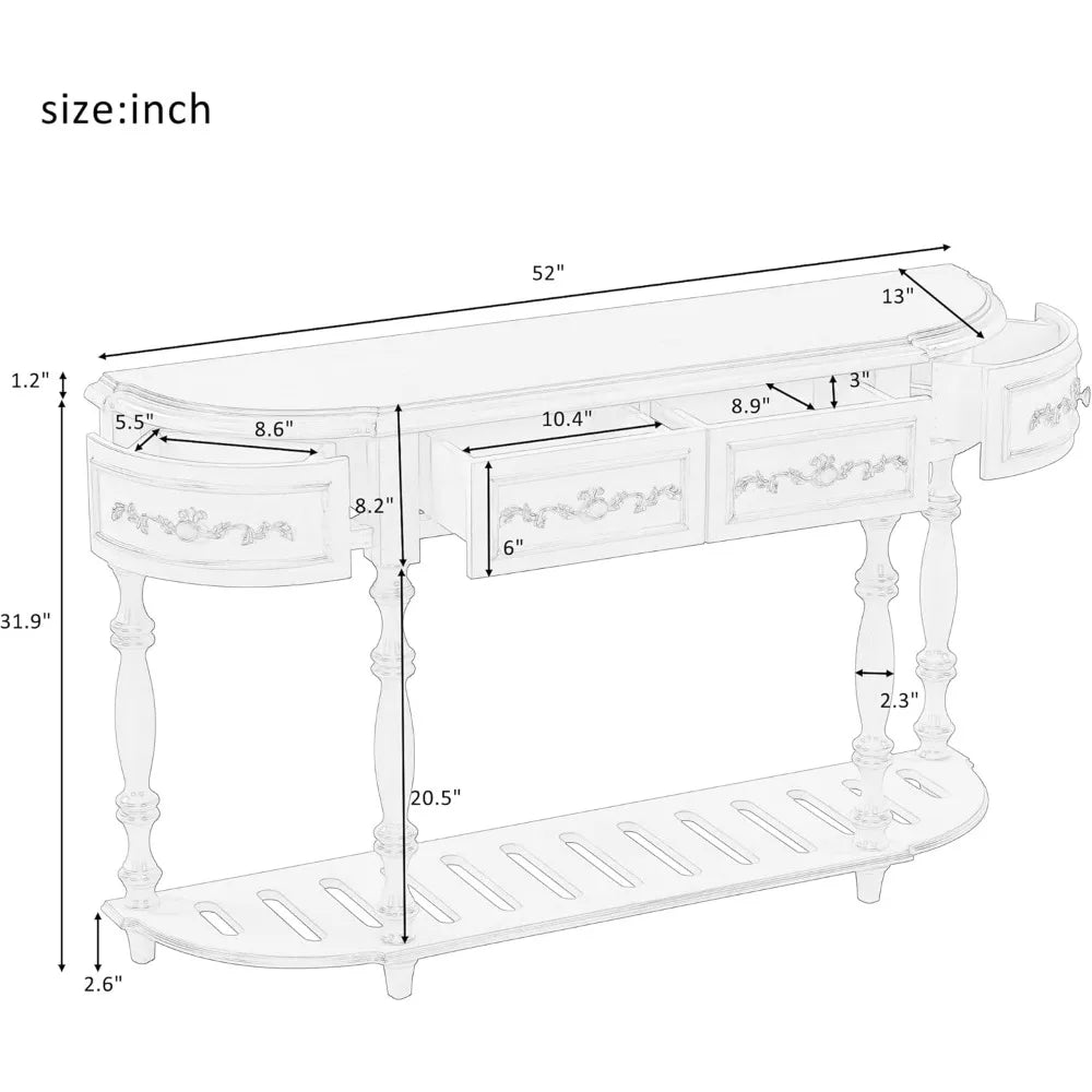 Retro Circular Curved Console Table with 4 Drawers and Bottom Shelf