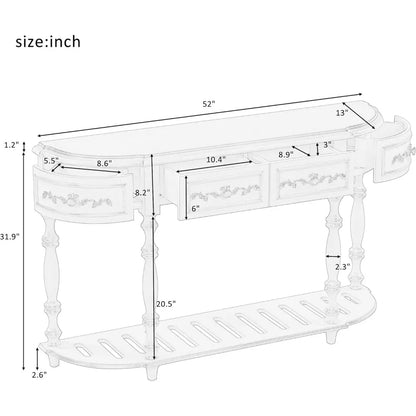 Retro Circular Curved Console Table with 4 Drawers and Bottom Shelf