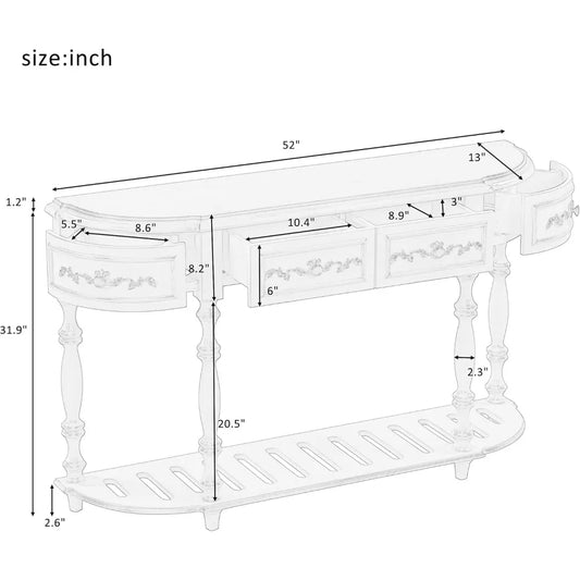 Retro Circular Curved Console Table with 4 Drawers and Bottom Shelf