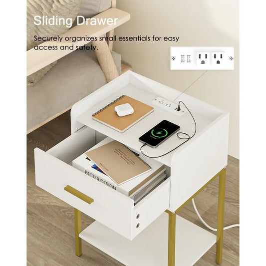 Modern Nightstand with Charging Station, Storage Drawer and Shelf