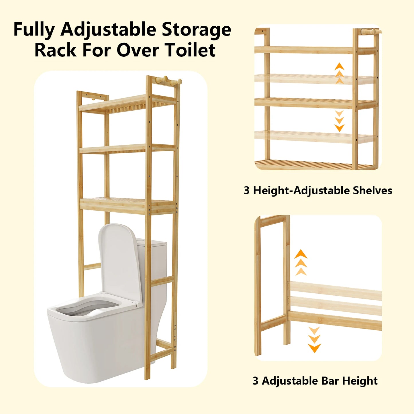 Bathroom Space Saver, over the Toilet 3 Tier Storage Shelf, Organizer Rack, Bamboo for Small Space Restroom, Laundry, Easy Assembly