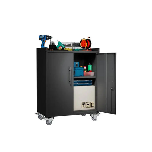 Lockable 2-Door Tool Cabinet for Garage, Rolling Locking Metal Storage with Wheels, Tool Chest, Assembly Required
