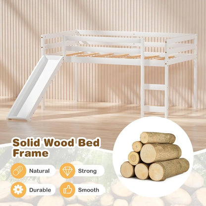 Wooden Twin Size Kids Loft Bed with Slide, Climbing Ladder, and Storage for Toddlers and Girls, White