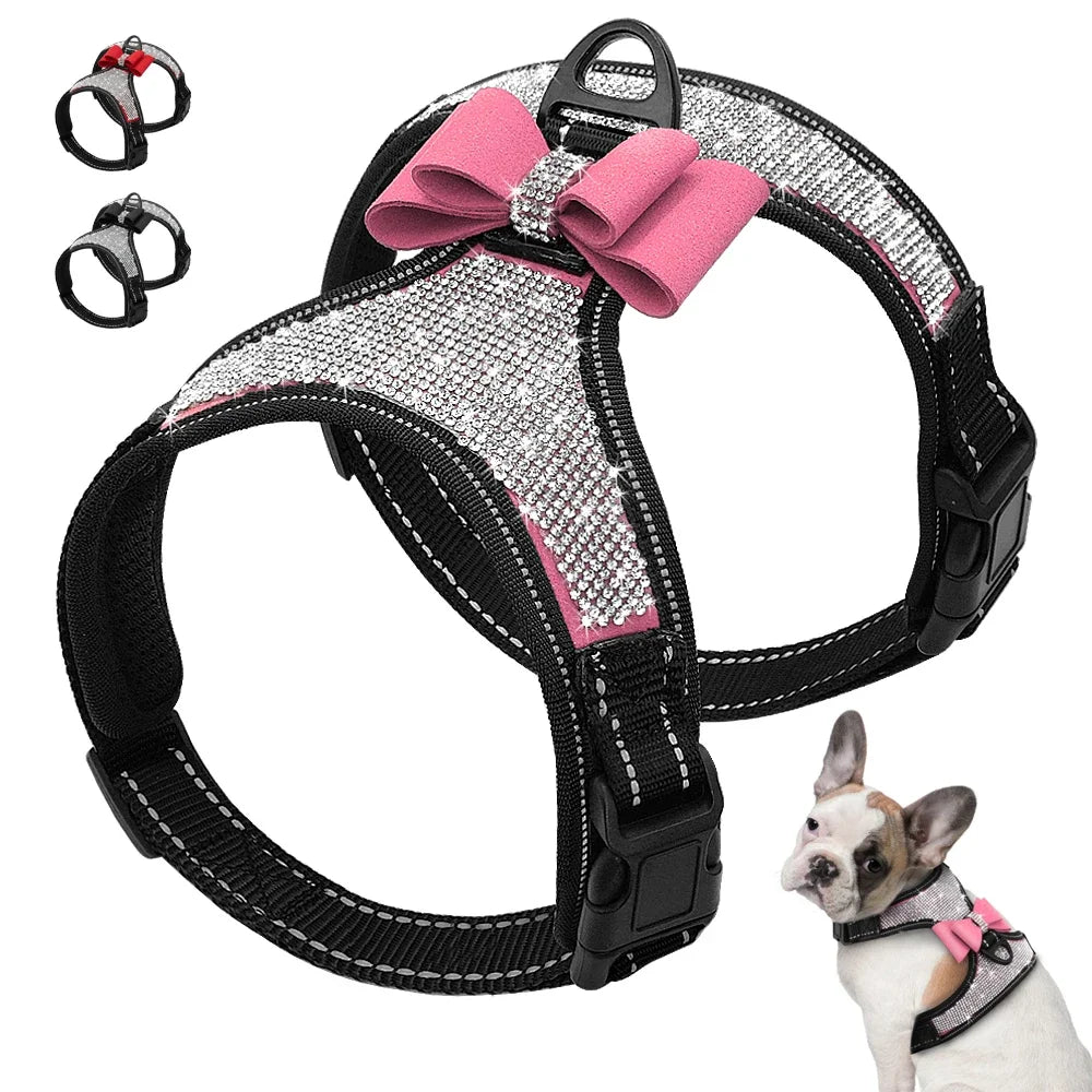 Reflective Dog Harness, Nylon Dog Harness/Vest, Bling, Rhinestone, with a Bow