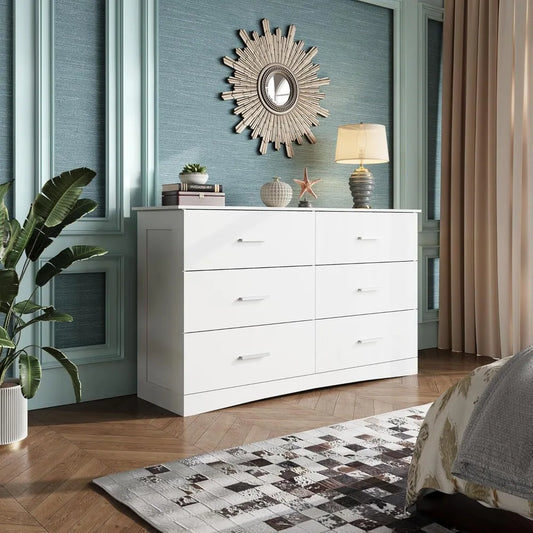 White Dresser with 6 Drawers, Wide Wood Chest of Drawers for Bedroom,Modern Minimalist Cl
