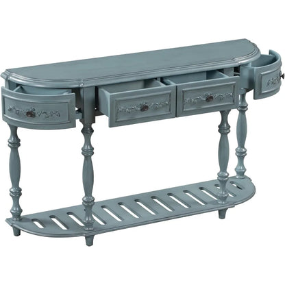 Retro Circular Curved Console Table with 4 Drawers and Bottom Shelf