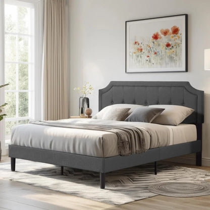 Queen, Full or Twin  Size Platform Bed Frame with Fabric Upholstered Headboard and Wooden Slats Support, No Box Spring Needed/Assembly,