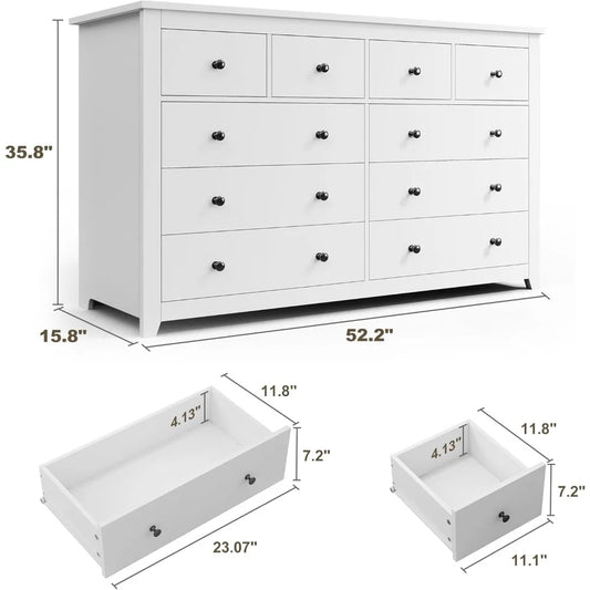 10 Drawer Dresser for Bedroom, Wide Chest of Drawers, White or Black