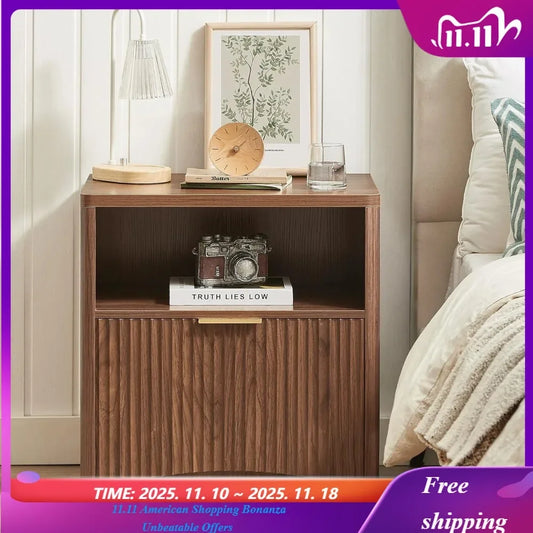 Set of 2 Fluted wood Walnut or Natural Oak Nightstands with Drawer, or mid Century Modern Large Storage End Tables for Living Room