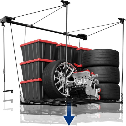Overhead Garage Storage Rack Lift, 4x4 Ft Heavy-Duty Garage Ceiling Storage Racks, Adjustable Organization System