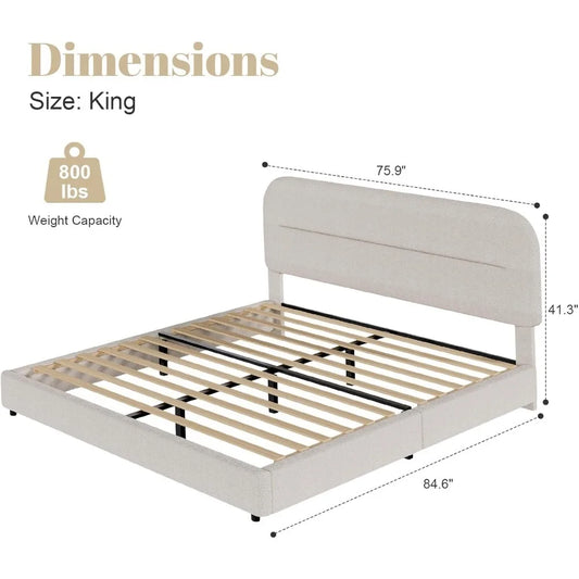 King Size Boucle Upholstered Bed Frame with Headboard, Soft Platform Cloud Bed Frame, Thickened Footboard for Bedroom Decor