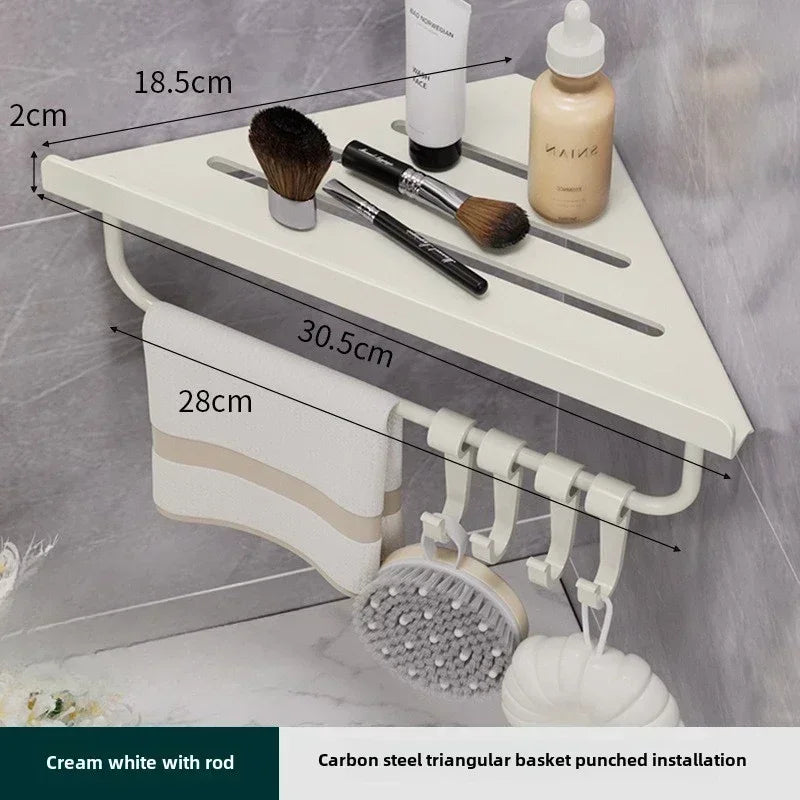 Bathroom Stainless Triangle Drain Shelf, No Drilling Wall Mounted, Carbon Steel Shelf, 3 color choices, 2 variations: with Hooks and towel bar and without