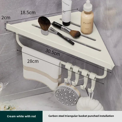 Bathroom Stainless Triangle Drain Shelf, No Drilling Wall Mounted, Carbon Steel Shelf, 3 color choices, 2 variations: with Hooks and towel bar and without