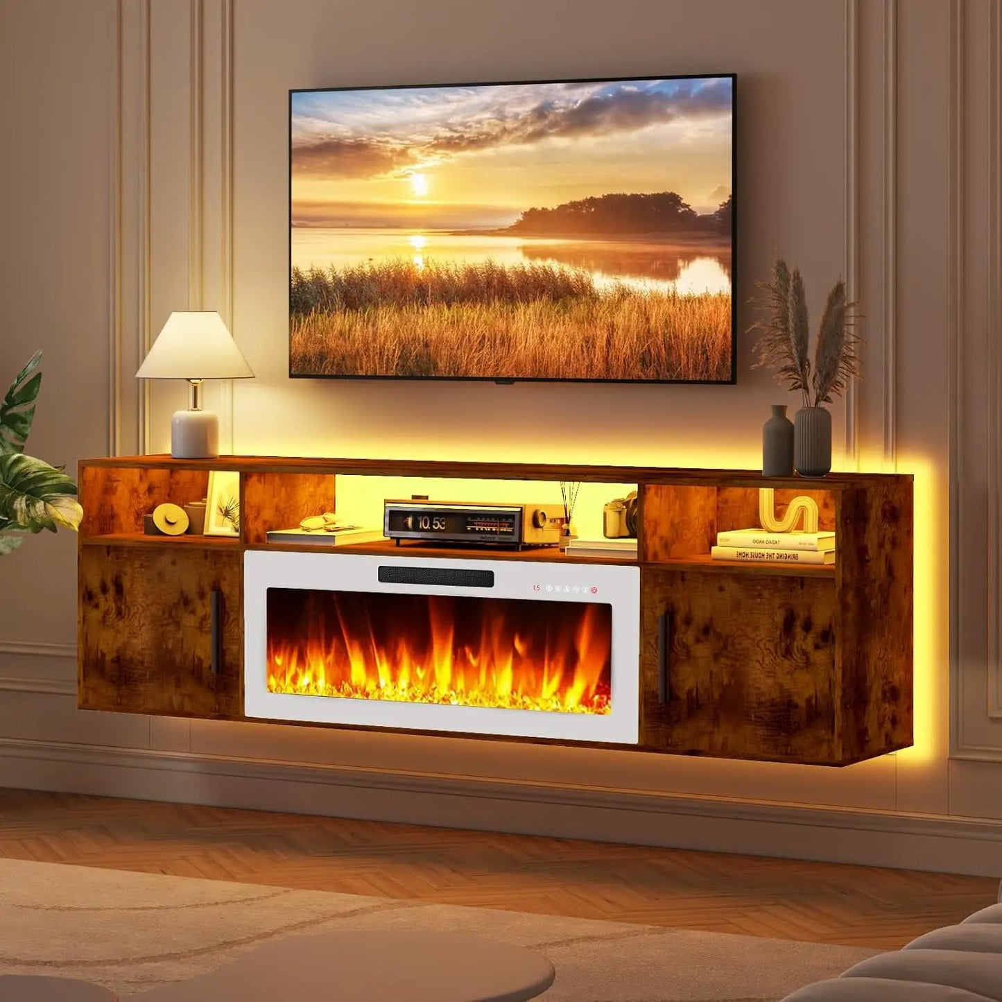 Floating Fireplace TV Stand 70'' ,  with LED Lights and Remote
