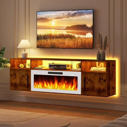 Floating Fireplace TV Stand 70'' ,  with LED Lights and Remote