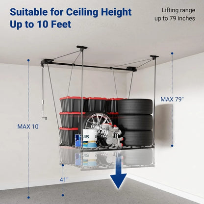 Overhead Garage Storage Rack Lift, 4x4 Ft Heavy-Duty Garage Ceiling Storage Racks, Adjustable Organization System