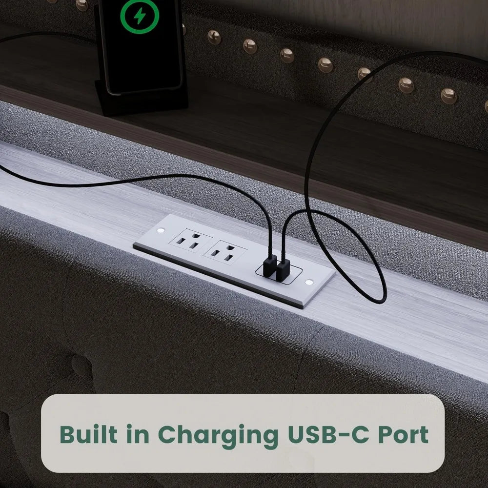 King Size Bed Frame: 4-Drawer, Velvet Platform with LED Lights & USB-C Charging - Tufted Upholstered Headboard