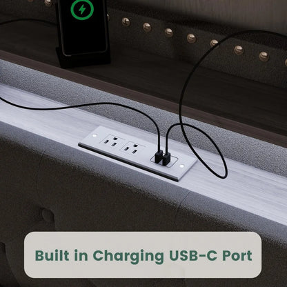 King Size Bed Frame: 4-Drawer, Velvet Platform with LED Lights & USB-C Charging - Tufted Upholstered Headboard