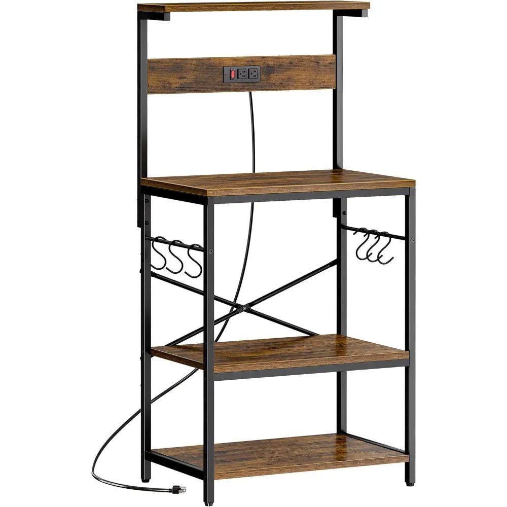 Kitchen Bakers Rack with Power Outlet, 4 Tier and 6 S-shaped Hooks.  Shelves are adjustable.  5 Colors