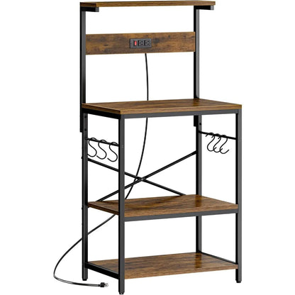 Kitchen Bakers Rack with Power Outlet, 4 Tier and 6 S-shaped Hooks.  Shelves are adjustable.  5 Colors