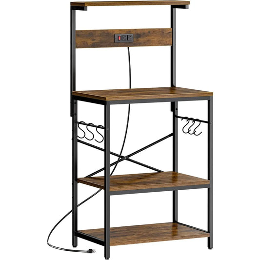 Kitchen Bakers Rack with Power Outlet, 4 Tier and 6 S-shaped Hooks.  Shelves are adjustable.  5 Colors