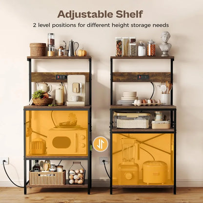 Kitchen Bakers Rack with Power Outlet, 4 Tier and 6 S-shaped Hooks.  Shelves are adjustable.  5 Colors