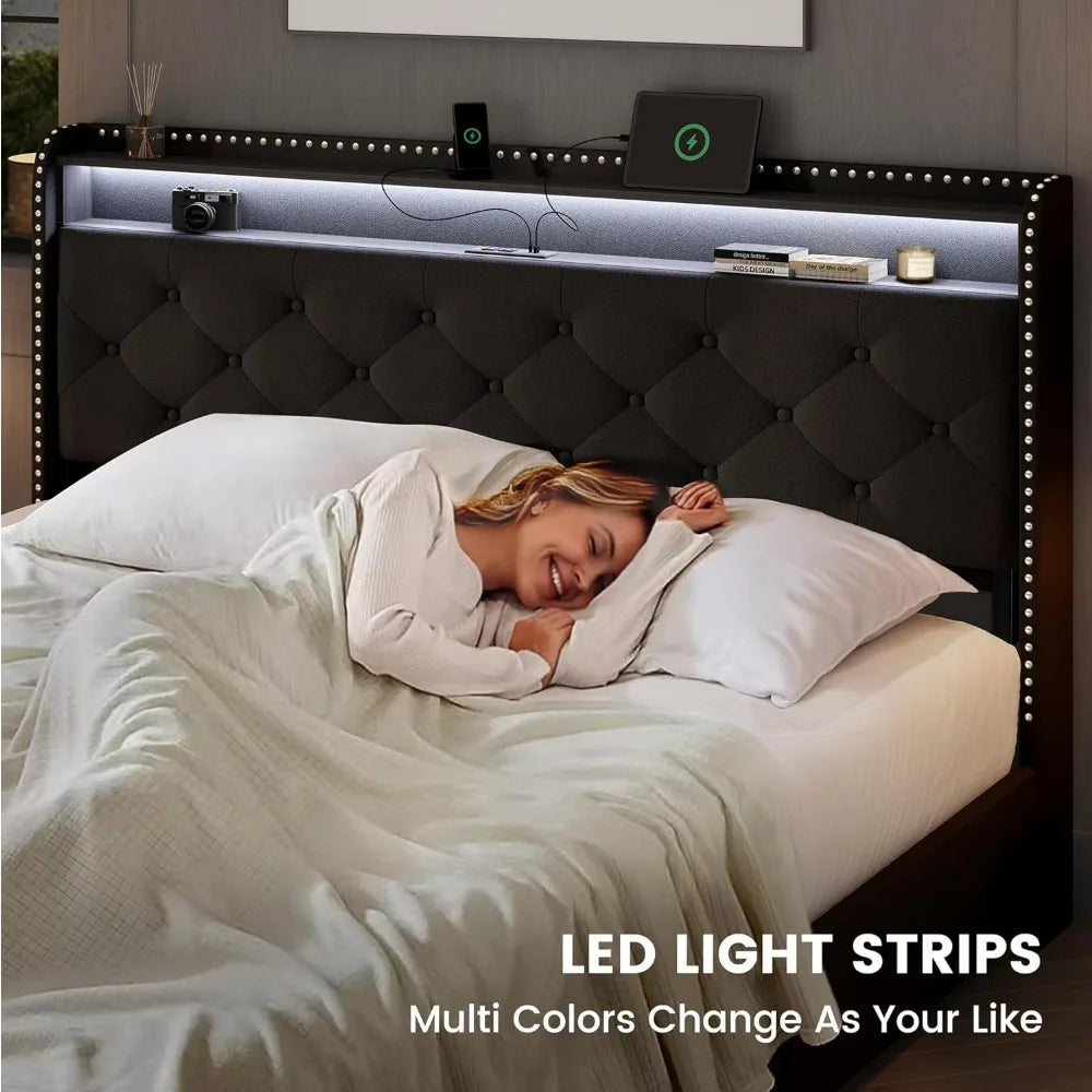 King Size Bed Frame: 4-Drawer, Velvet Platform with LED Lights & USB-C Charging - Tufted Upholstered Headboard