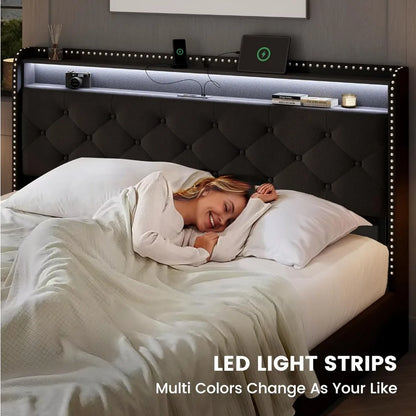 King Size Bed Frame: 4-Drawer, Velvet Platform with LED Lights & USB-C Charging - Tufted Upholstered Headboard