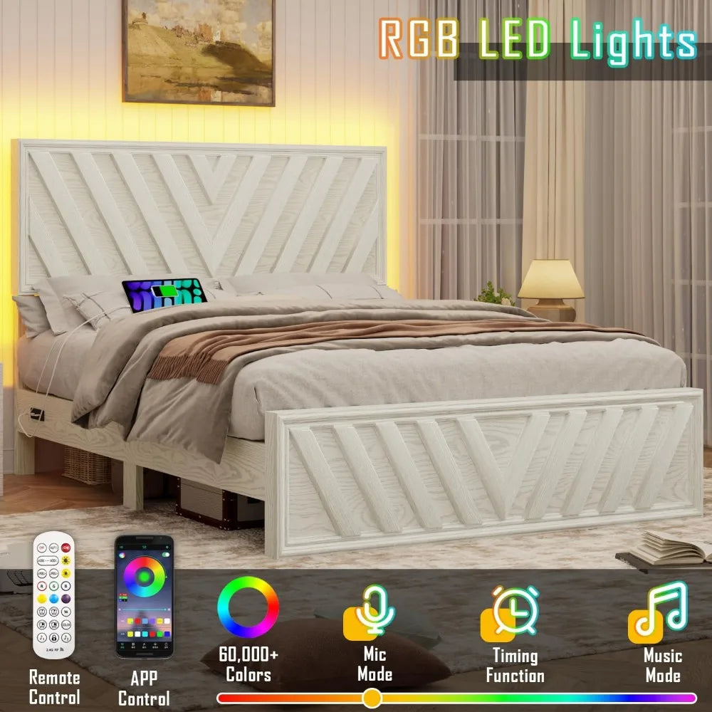 Queen or Full Bed with Adjustable Headboard, Farmhouse Platform Bed Wood with LED Light and Charging Station, 2 Color Choices