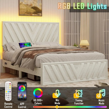 Queen or Full Bed with Adjustable Headboard, Farmhouse Platform Bed Wood with LED Light and Charging Station, 2 Color Choices