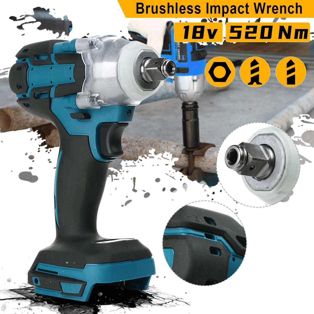 18V Electric Brushless Impact Wrench with Light, Rechargeable, 1/2 inch, Cordless, Battery Not Included, High Power Impact