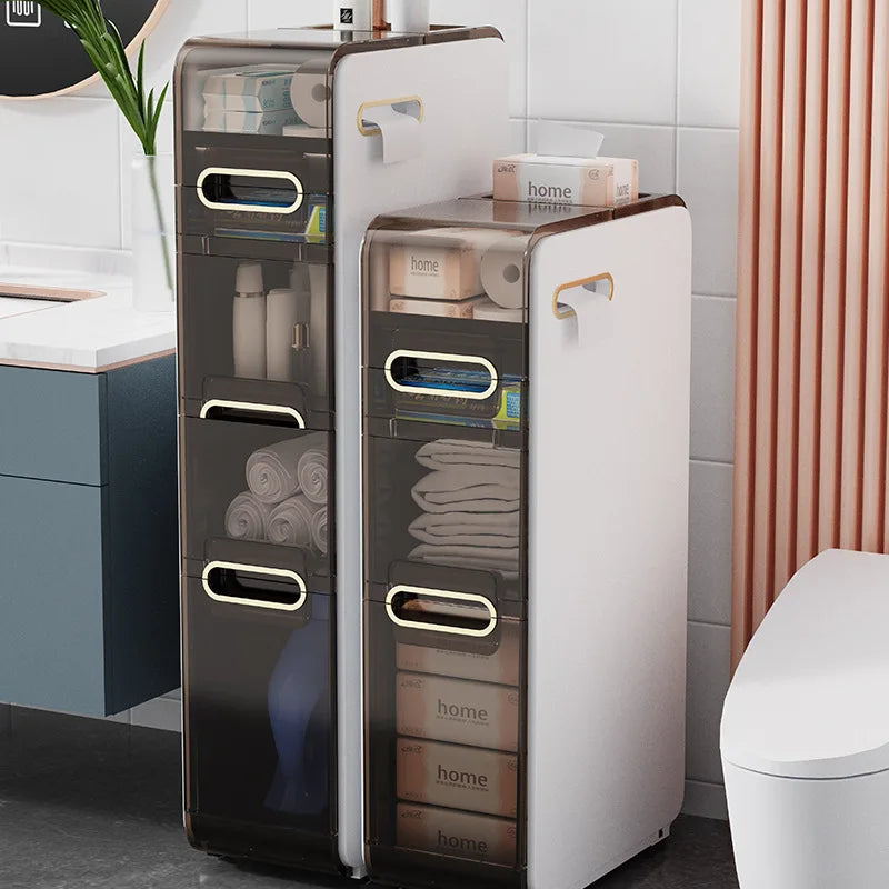 Modern Bathroom Cabinet, PP Toilet Sideboard, Narrow Bathroom Storage Cabinet with 2/3/4 Drawer Storage, Floor Shelf