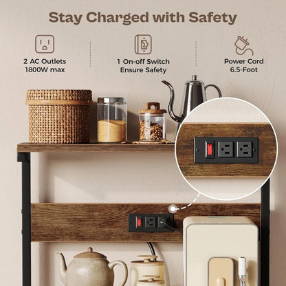 Kitchen Bakers Rack with Power Outlet, 4 Tier and 6 S-shaped Hooks.  Shelves are adjustable.  5 Colors