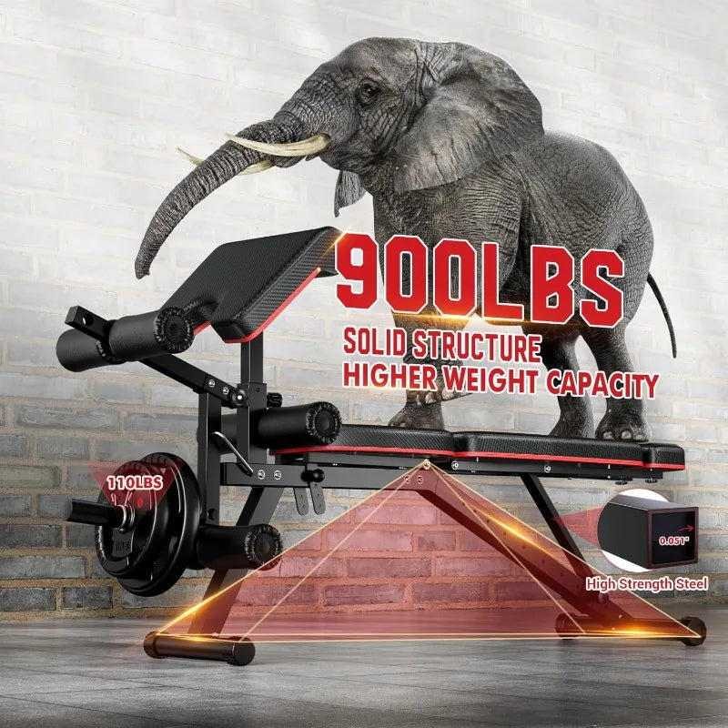 Workout Adjustable Weight Bench with Leg Extension and Leg Curl, Extended Headrest, 900LBS