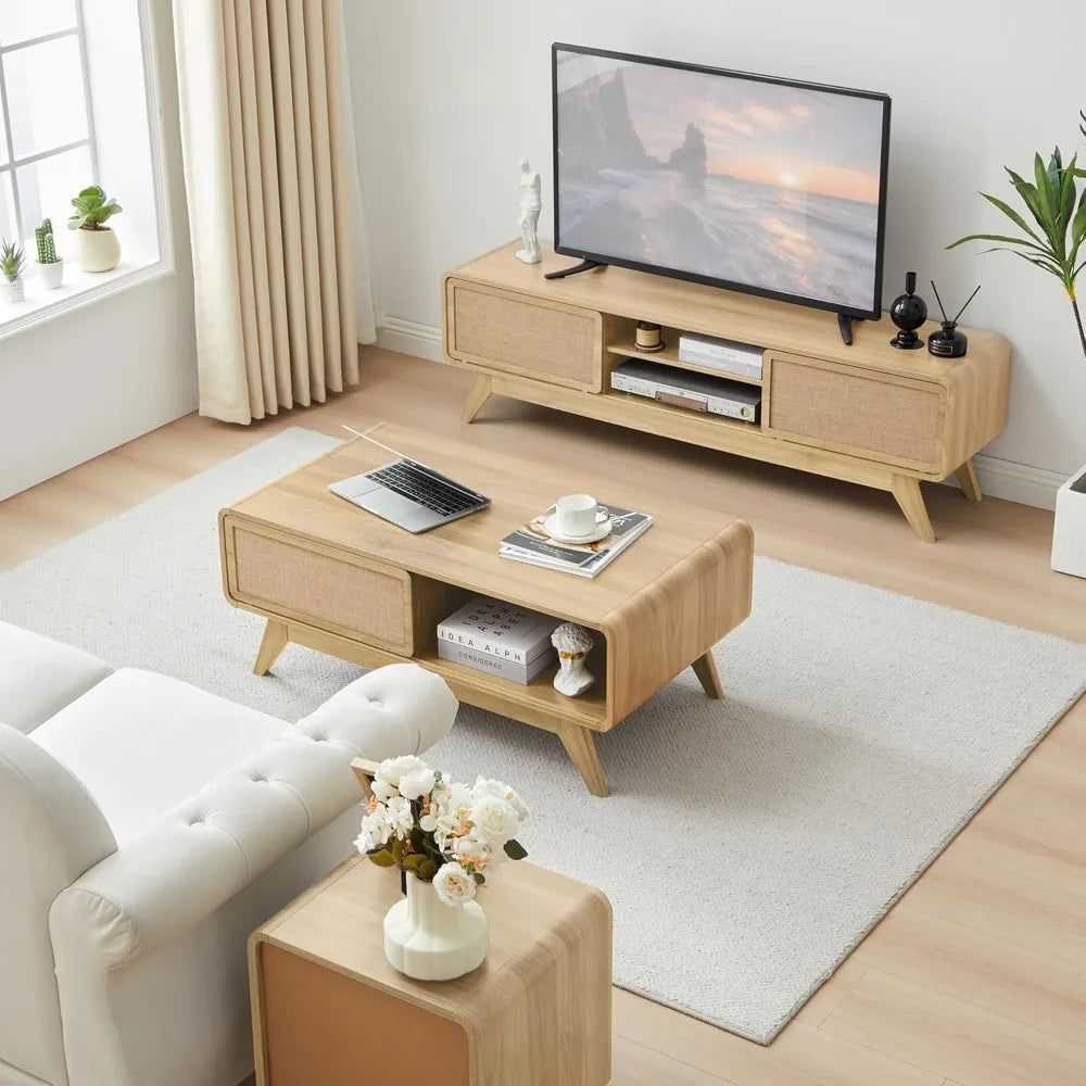 Modern Coffee Table with Sliding Linen Door Panel And Storage