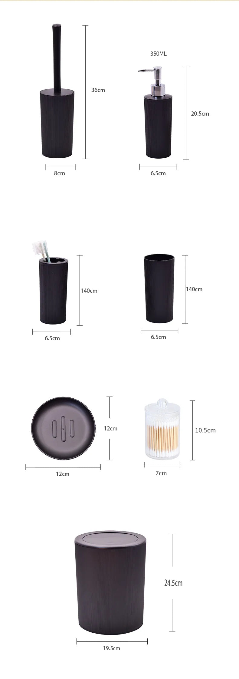 7pcs/set Modern Plastic Bathroom Accessories Set ,with Soap Dish, Toothbrush Holder, Dispenser, Toilet Brush, Trash can, Q-tip holder, Cup