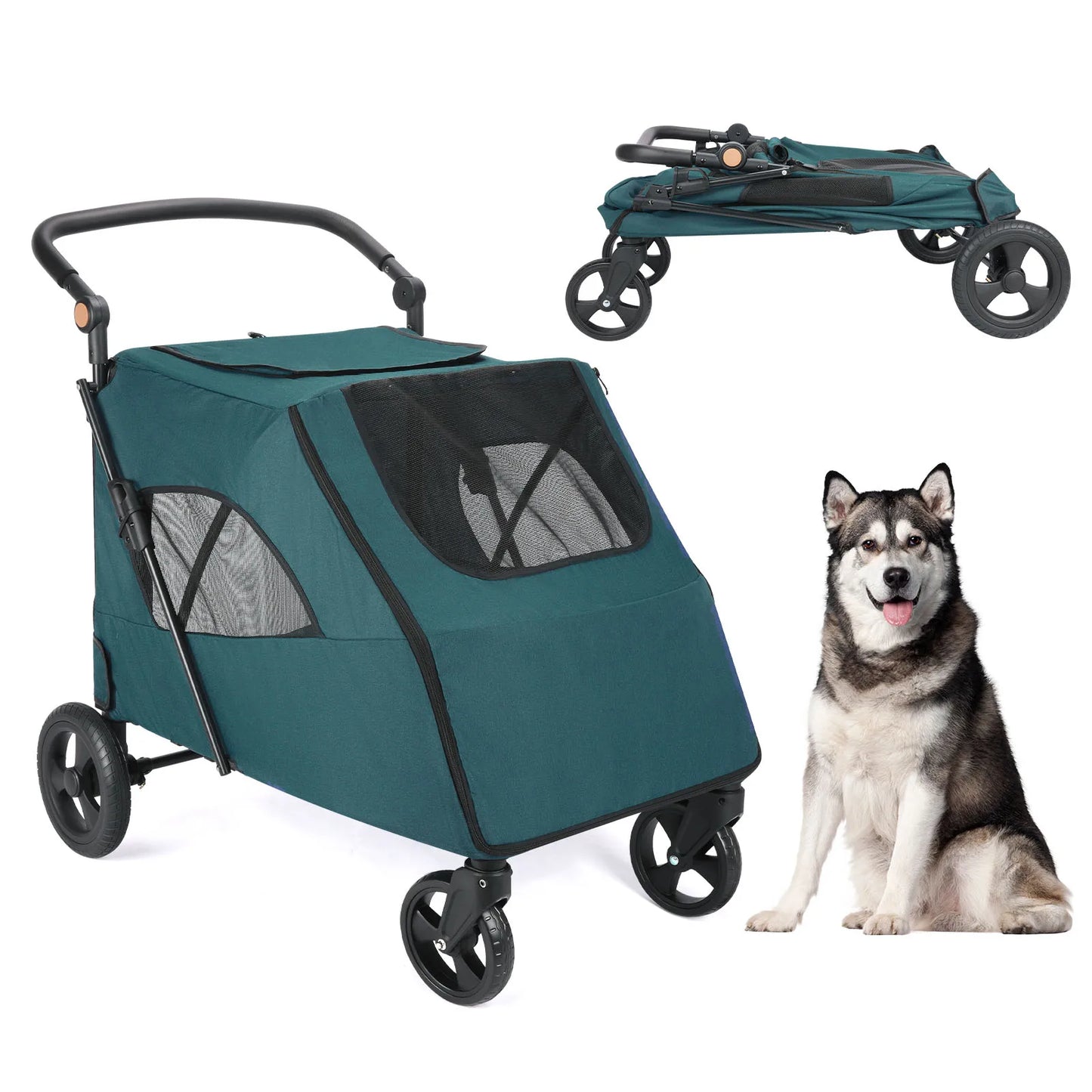 360° Swivel Breathable Pet Stroller-4 Wheels Rotate, Brakes, Height-Adjustable for Medium, Large Dogs