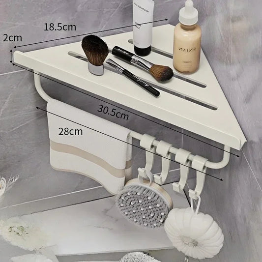 Bathroom Stainless Triangle Drain Shelf, No Drilling Wall Mounted, Carbon Steel Shelf, 3 color choices, 2 variations: with Hooks and towel bar and without