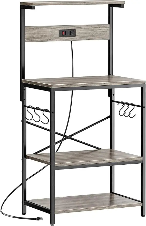 Kitchen Bakers Rack with Power Outlet, 4 Tier and 6 S-shaped Hooks.  Shelves are adjustable.  5 Colors