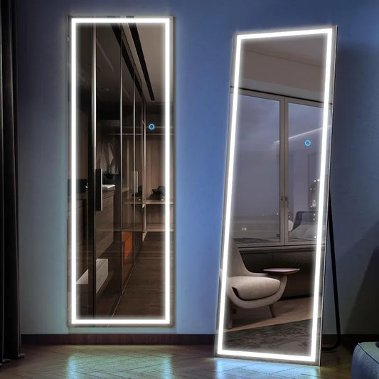 Stand Up Full Length Mirror, Free Standing Floor Mirror, Full Body Lighted Mirror, 3 Color Lighting (63"x16", Black)