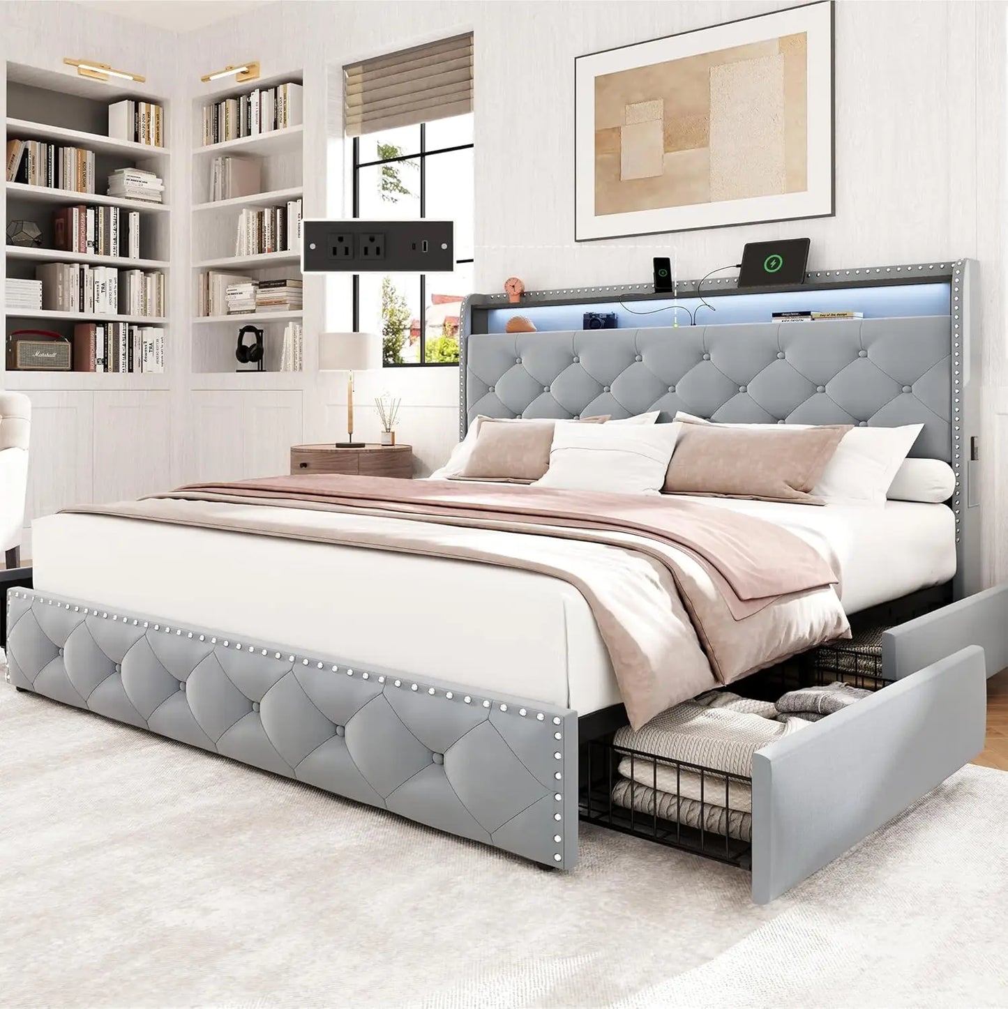 King Size Bed Frame: 4-Drawer, Velvet Platform with LED Lights & USB-C Charging - Tufted Upholstered Headboard
