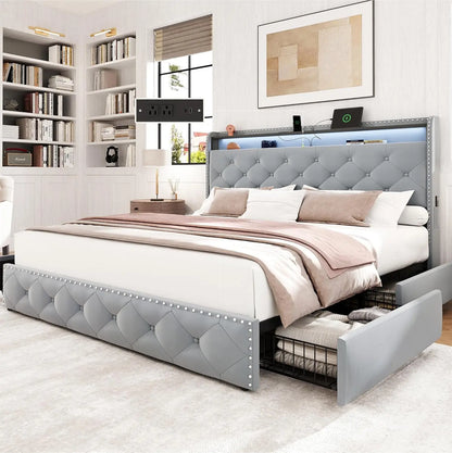 King Size Bed Frame: 4-Drawer, Velvet Platform with LED Lights & USB-C Charging - Tufted Upholstered Headboard
