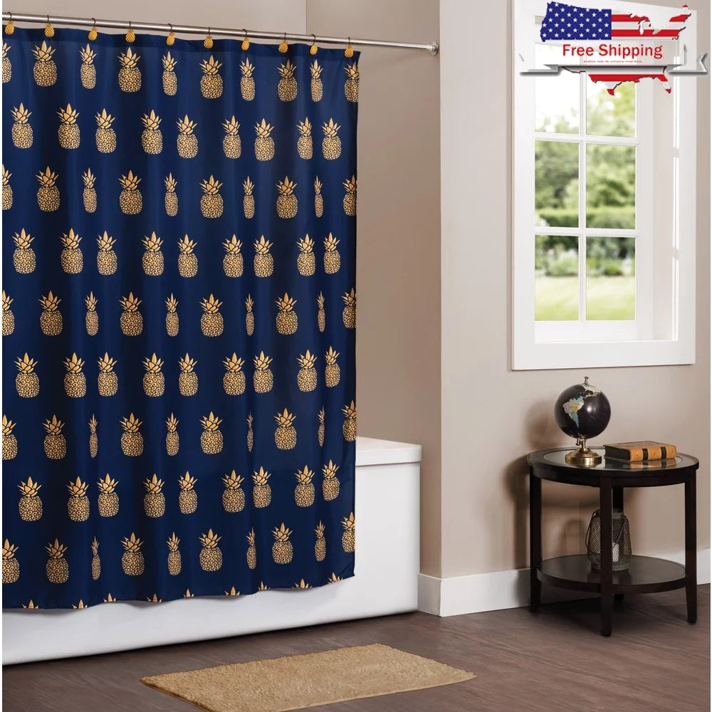 Gilded Pineapple Shower Curtain, Navy Blue, 72x72, Durable Polyester, Bathroom Decor, Waterproof, Machine Washable