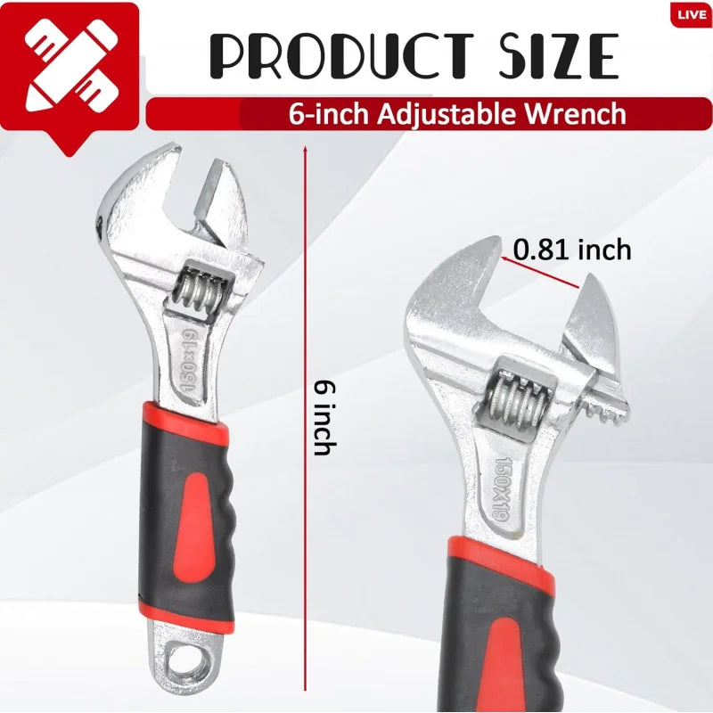 6 Inch Adjustable Wrench with Ergonomic Rubber Grip, Spanner Handle