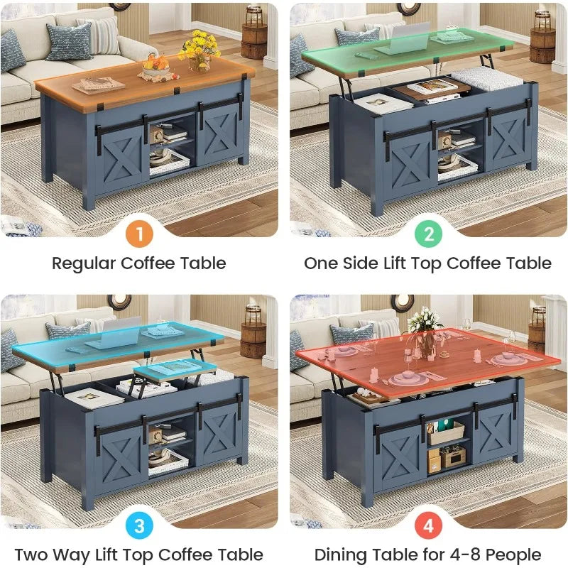 Farmhouse Lift Top Coffee Table, Blue with Woodgrain Top, and Storage