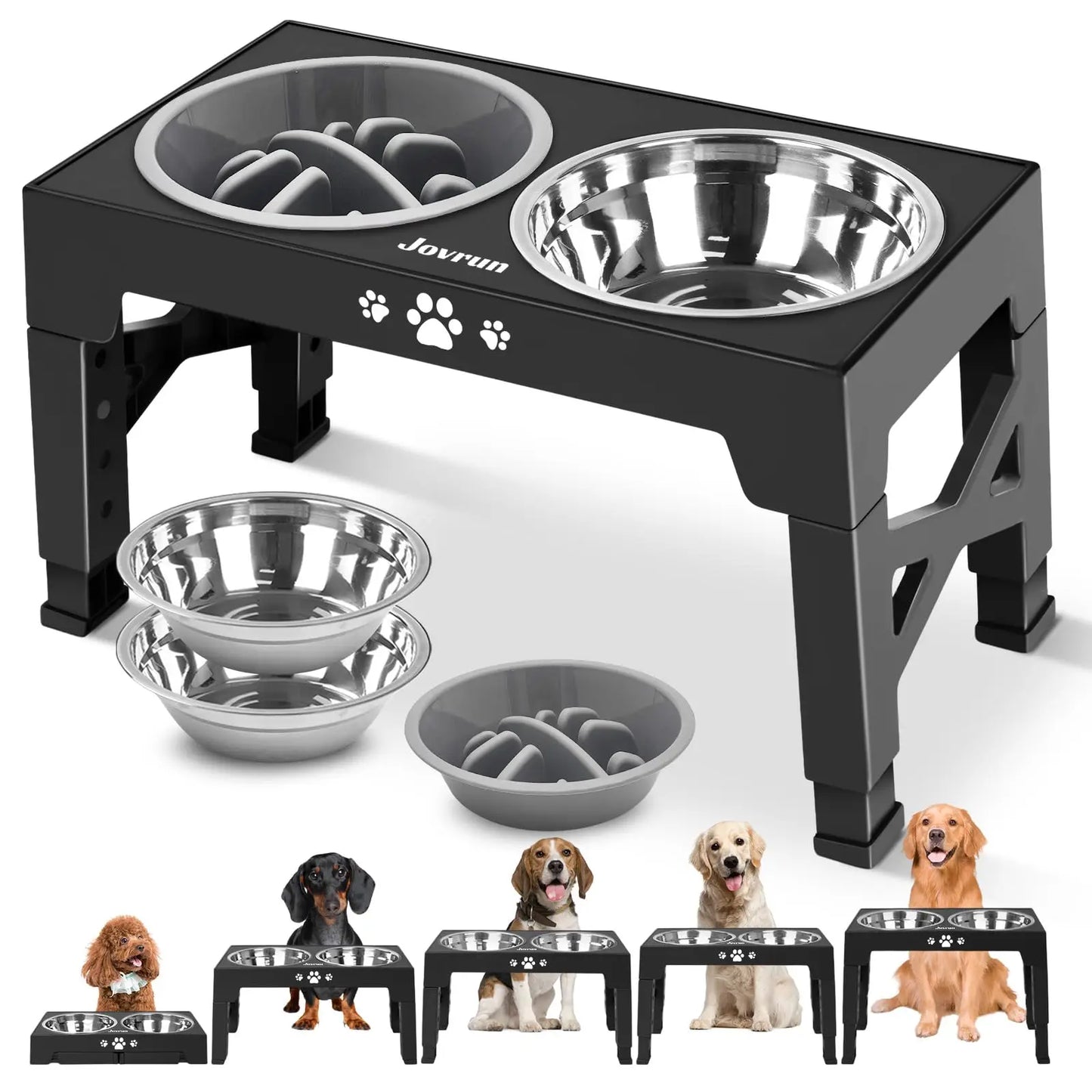 Adjustable Elevated Dog Bowls Stand with 2 Stainless Steel Bowls, and a Slow Feeder Bowl, Non Slip Feet, Dishwasher Safe for Medium/Large Dogs, White, Black or Gray