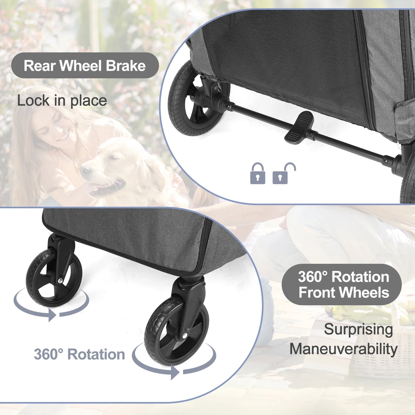 360° Swivel Breathable Pet Stroller-4 Wheels Rotate, Brakes, Height-Adjustable for Medium, Large Dogs